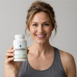 burnslim weight loss supplement product held by smiling woman